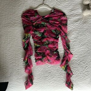 Zara Floral Printed Draped Tulle Top